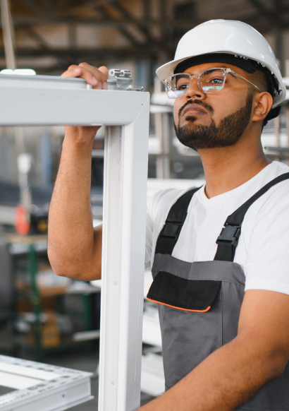 A worker inspecting an aluminium frame in a factory.